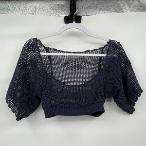 Knitted and Knotted Anthropologie cotton navy blue crocheted cropped top blouse